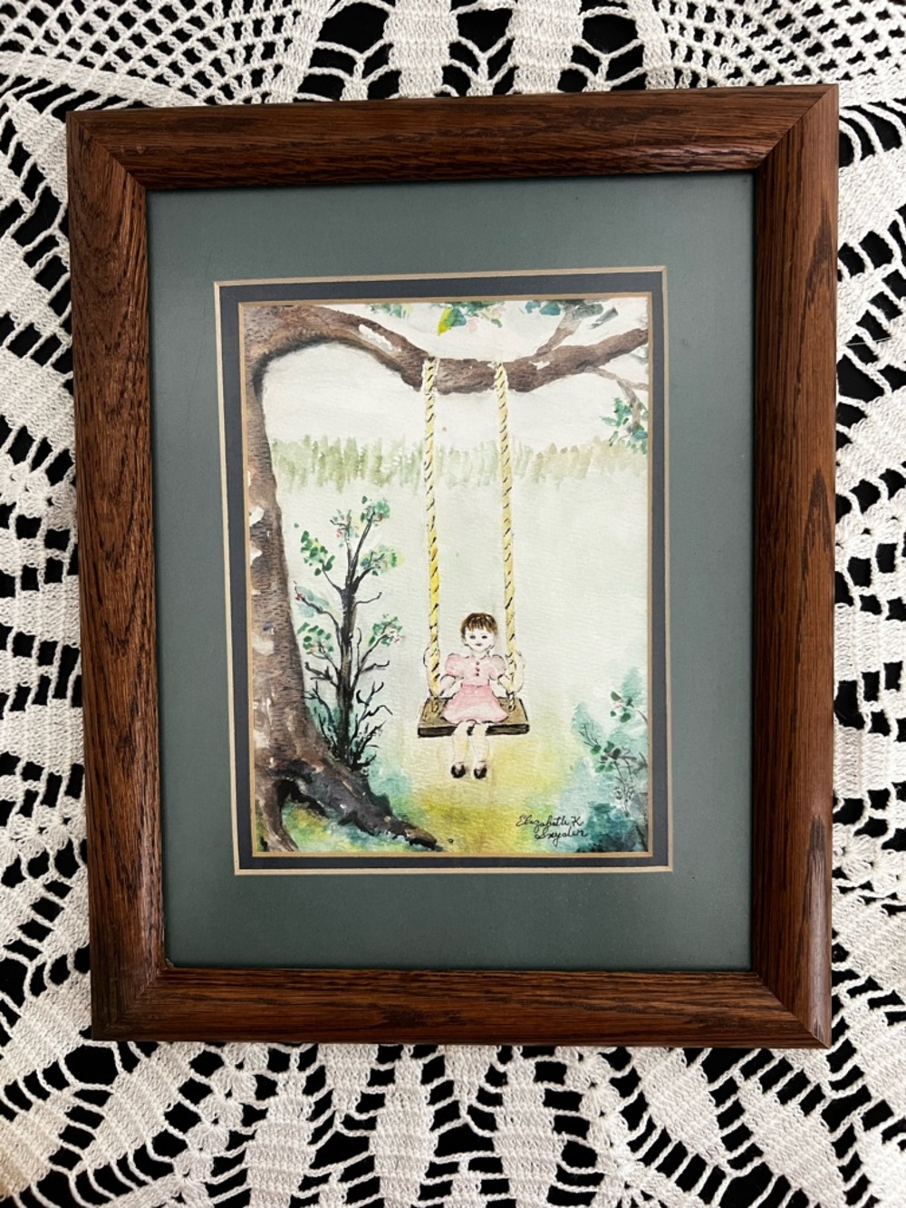 🎨✨ Vintage Signed Watercolor Painting Girl on Swing Cottagecore Storybook Art ✨